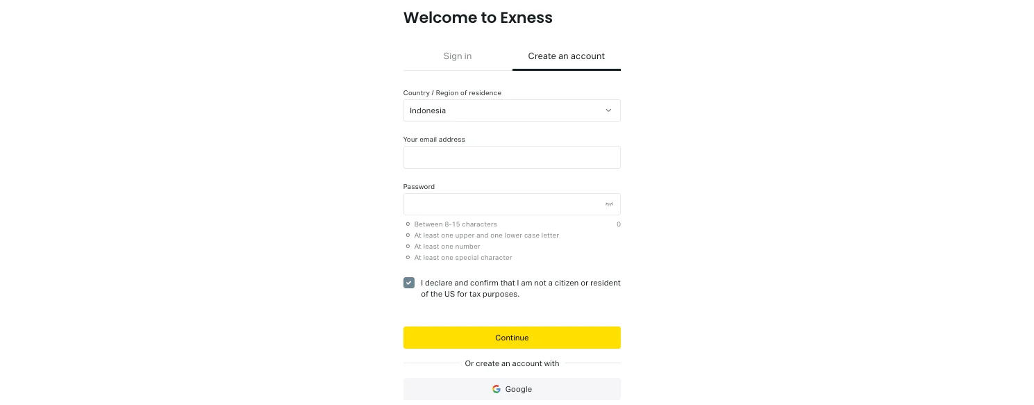 Registration form on Exness website