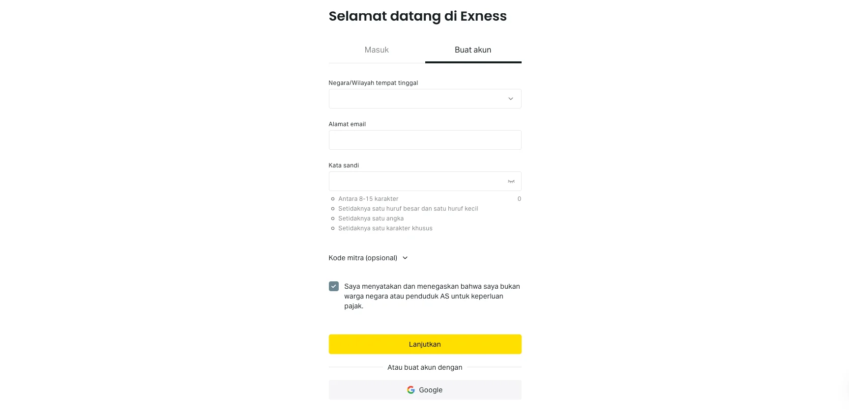 Formulir pendaftaran di situs web Exness
